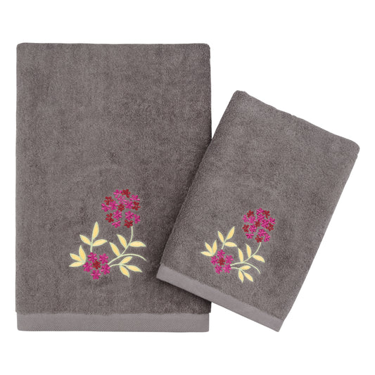 Embroidery Towel grey flower design Terry cotton bath towel hand towel Canada USA, gots certified, luxury towel, 500 gsm towels, grey bath towel, grey hand towel