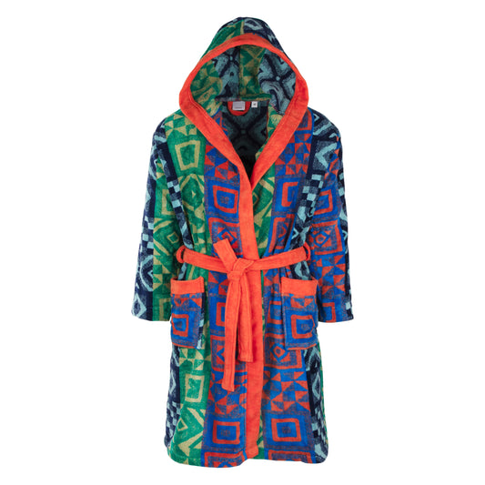 Geometric Print colourful , hooded bathrobe , 450 gsm , velour, luxury quality best quality, warm , cozy absorbent bathrobe, velour bathrobe“Colorful geometric velour bathrobe with hood and orange trim.”