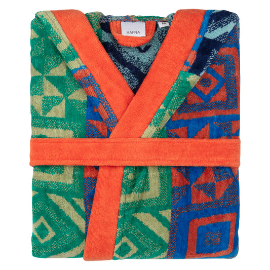 “Colourful geometric velour bathrobe with hood and orange trim.
Soft 100% cotton velour robe in multicolour pattern with belt.
Unisex hooded cotton bathrobe with bold geometric design.”