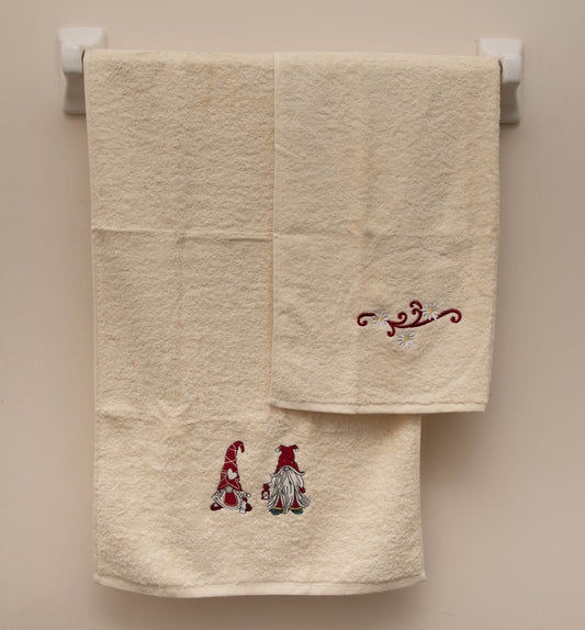 Gnomes and Flower Embroidered Christmas Towels, Ivory, Decorative hand Towel, Decorative Christmas towels